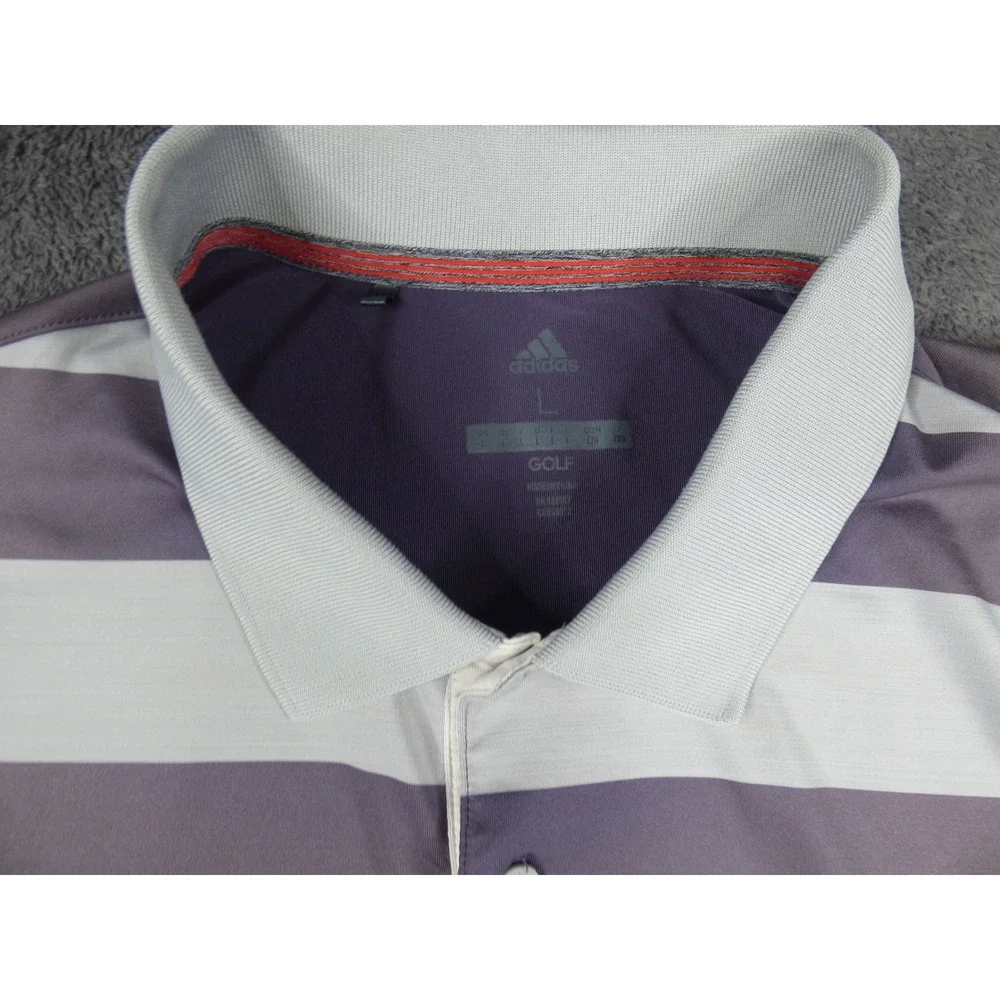 Adidas Golf Mens Large Purple Striped Polo Shirt Memphis National Logo Short Slv